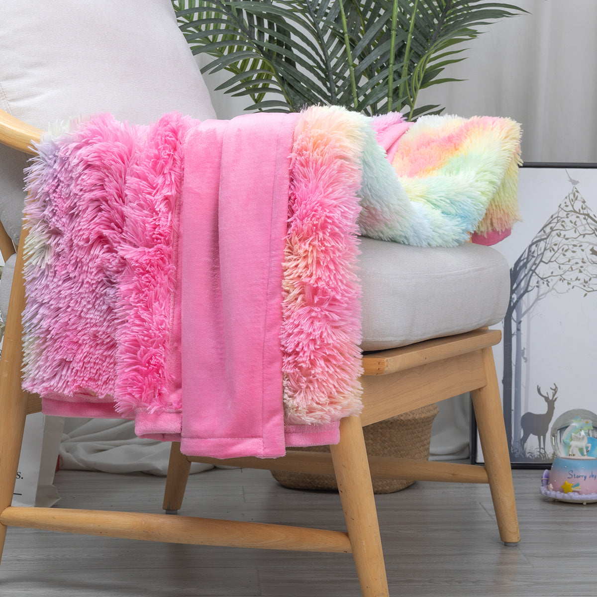1 Piece Shaggy Blanket Plush Faux Fur Blanket For Bed Sofa Ultra Soft Luxury Sherpa Blanket Rainbow Colorful  Blanket