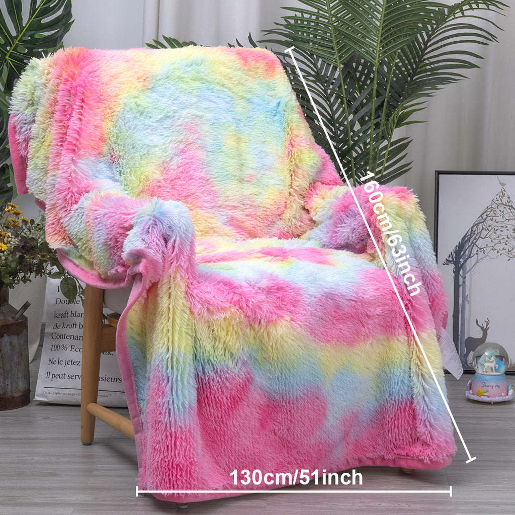 1 Piece Shaggy Blanket Plush Faux Fur Blanket For Bed Sofa Ultra Soft Luxury Sherpa Blanket Rainbow Colorful  Blanket