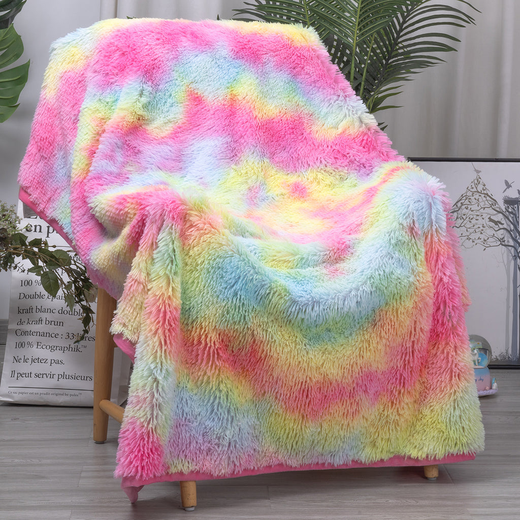 1 Piece Shaggy Blanket Plush Faux Fur Blanket For Bed Sofa Ultra Soft Luxury Sherpa Blanket Rainbow Colorful  Blanket