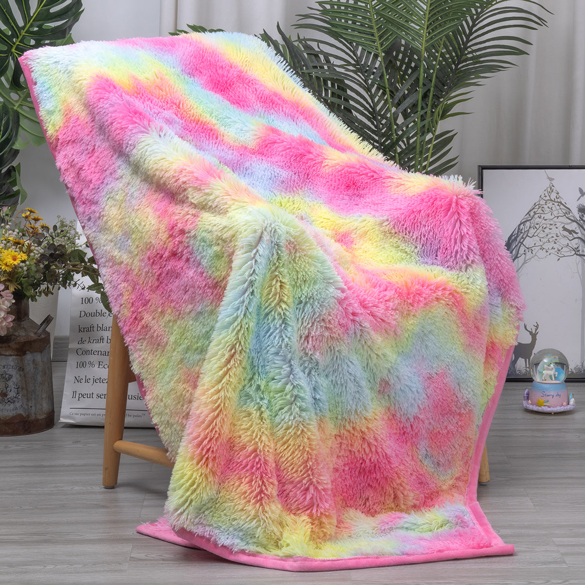 1 Piece Shaggy Blanket Plush Faux Fur Blanket For Bed Sofa Ultra Soft Luxury Sherpa Blanket Rainbow Colorful  Blanket